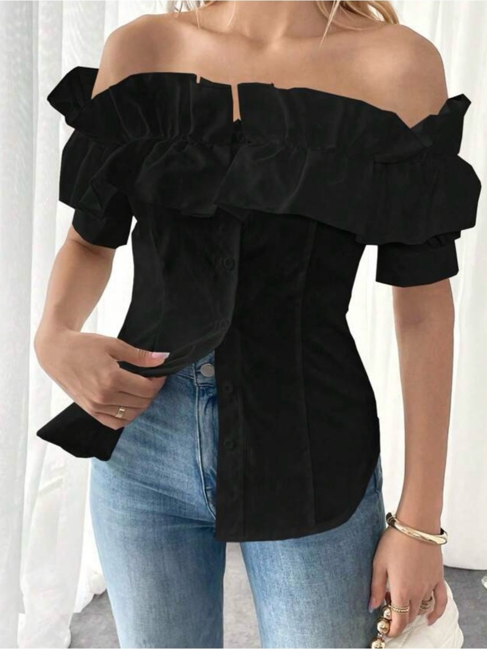 SHEIN Black Ruffle Button-Down Off-Shoulder Top